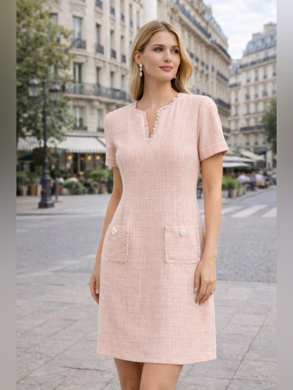 Karl Lagerfeld Paris Pink Tweed Sheath Dress
Fringed Rosette Bead Pockets